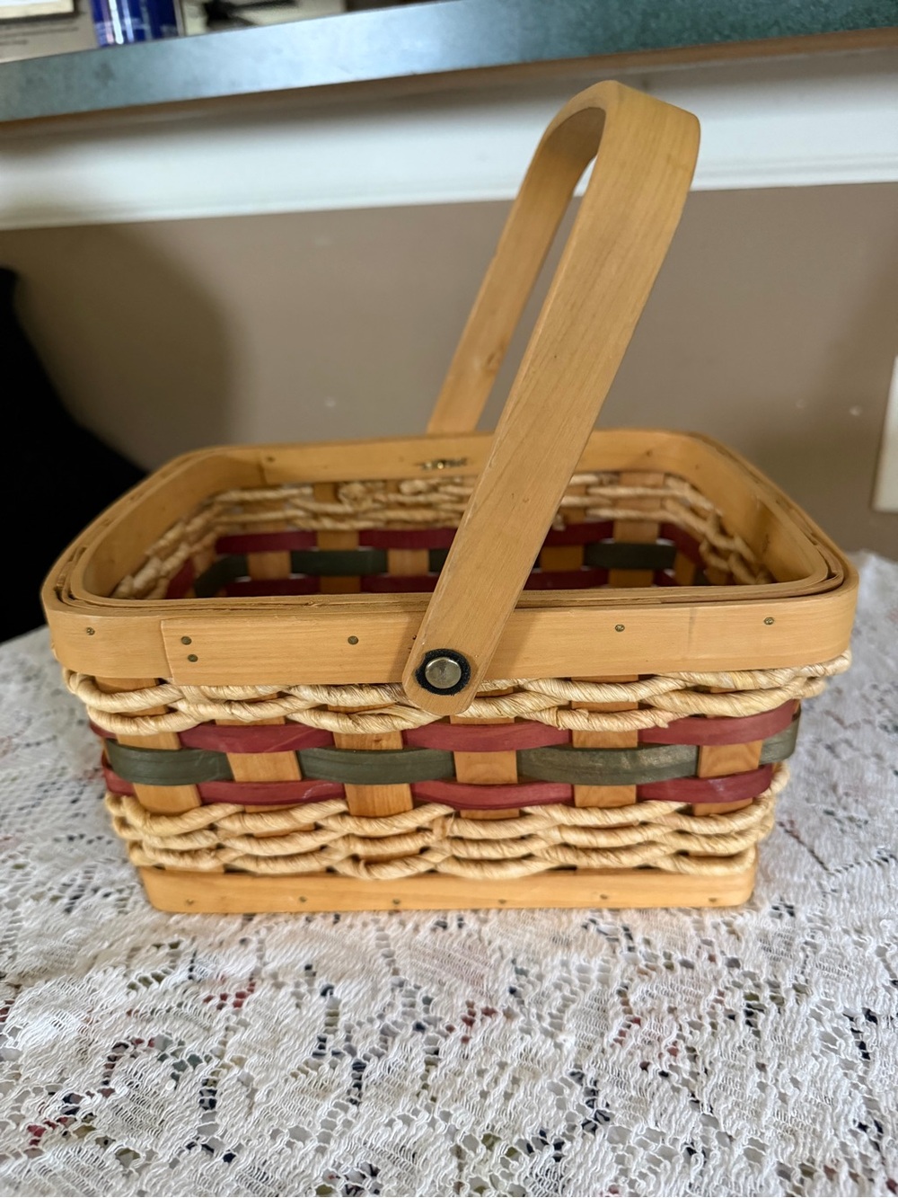 Woven Decorative Handled Basket in Natural, Red, and Green